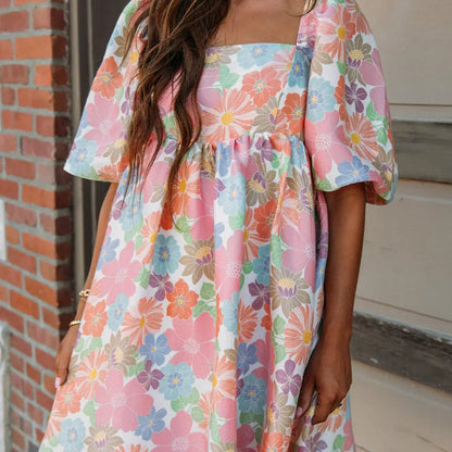 Floral Square Neck Puff Sleeve Babydoll Dress