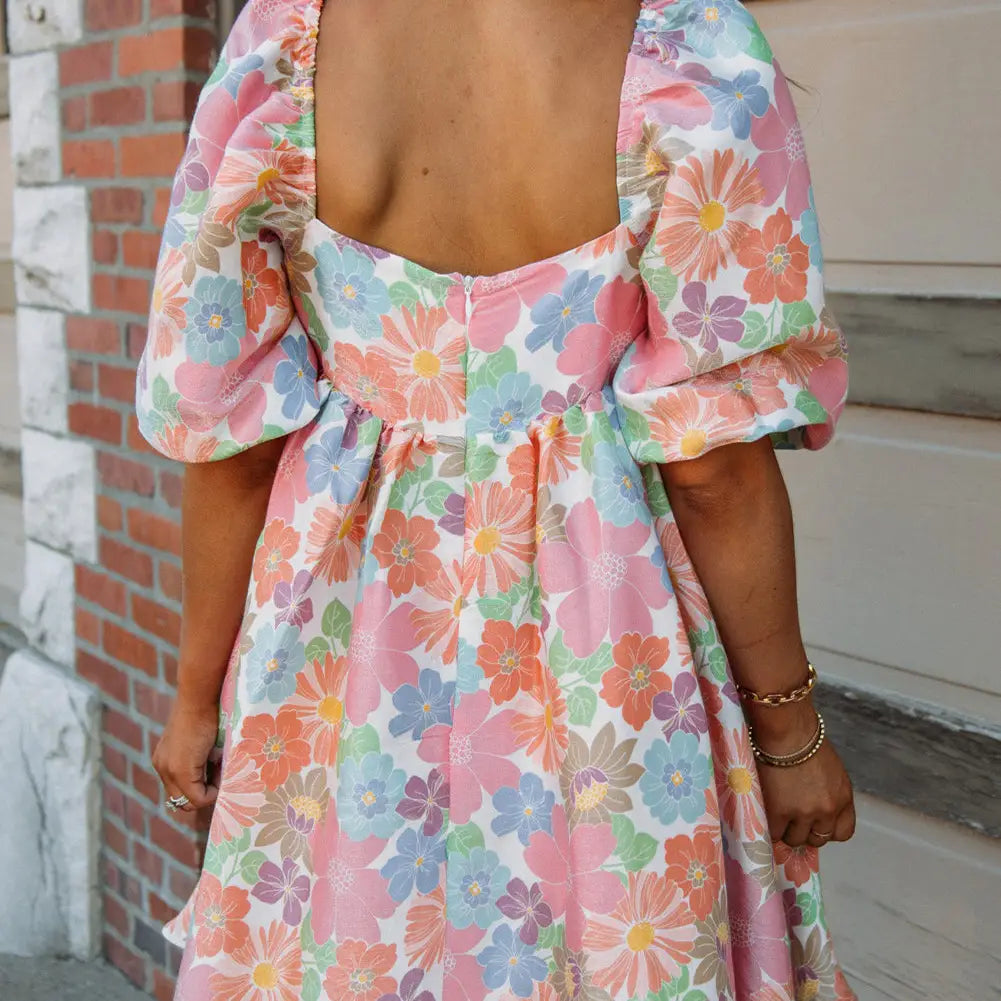 Floral Square Neck Puff Sleeve Babydoll Dress