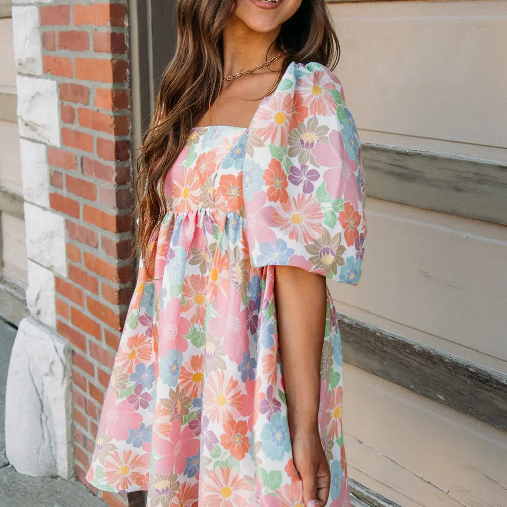 Floral Square Neck Puff Sleeve Babydoll Dress